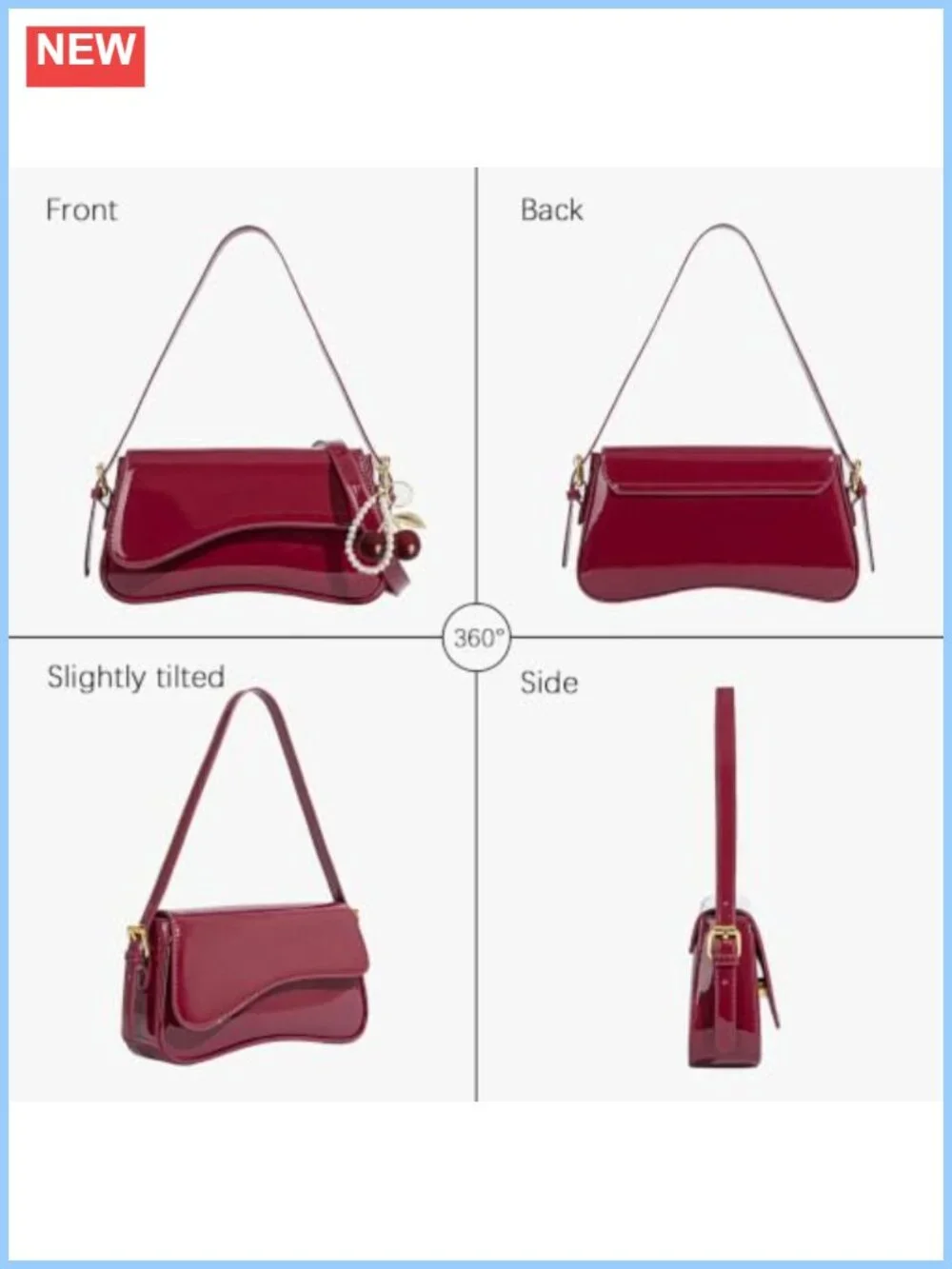 Hobo Shoulder Bag with Cherry Pendant PU Leather 3-Way Crossbody Purse